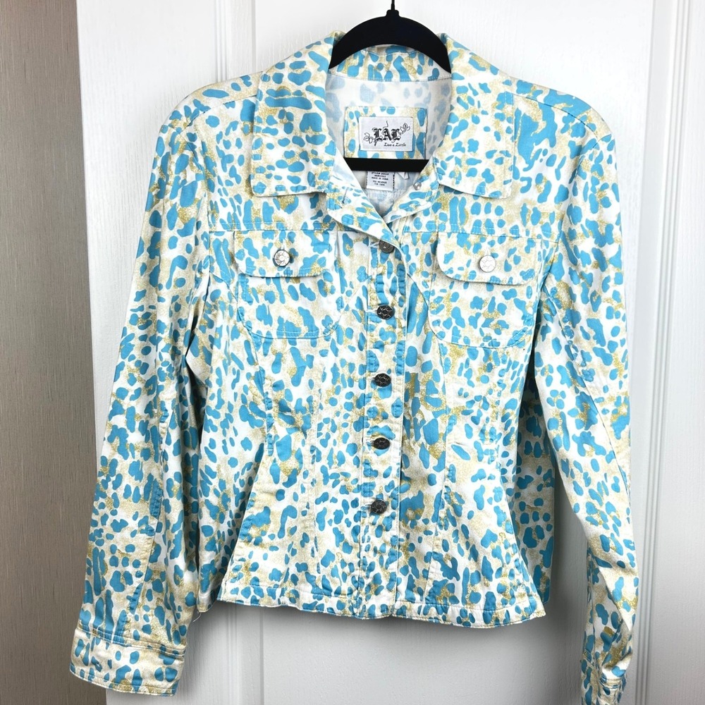 Live a Little Turquoise Blue‎ Gold Leopard Print Jacket Petite Large 25569P